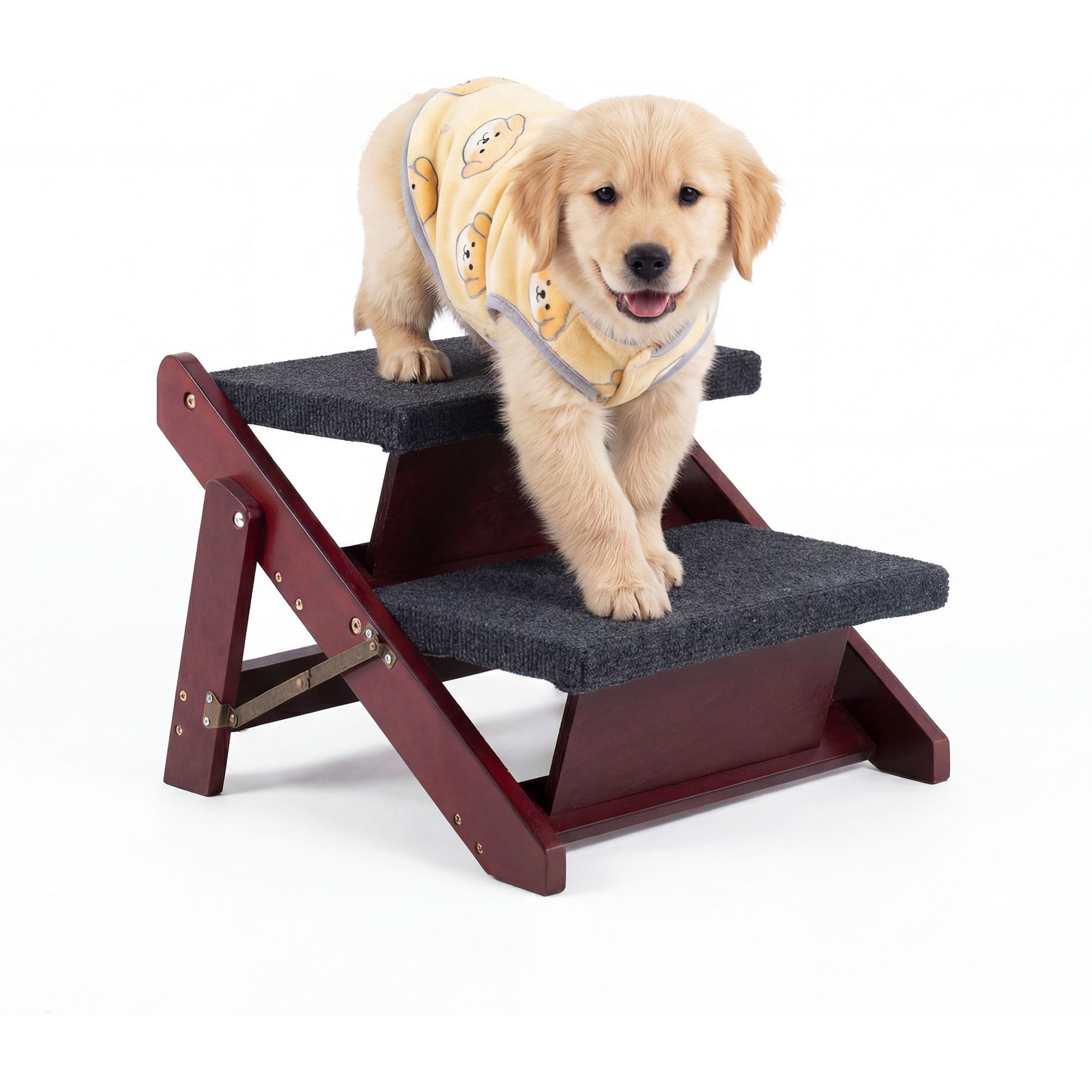 MeWang Wooden Foldable Non-Slip Dog & Cat Stair for High Bed Sofa Car, Brown, Small