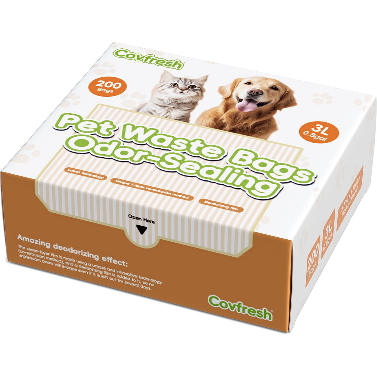 Covfresh Odor Blocking Unscented Cat Litter Bags with Handles, White, Small, 200 count