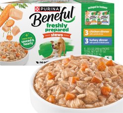 Purina Beneful Freshly Prepared Stews Variety Pack High Protein Chicken, Turkey, Pasta, Vegetables & Rice Chunks in Gravy Wet Dog Food, 9.5-oz carton, 6 count
