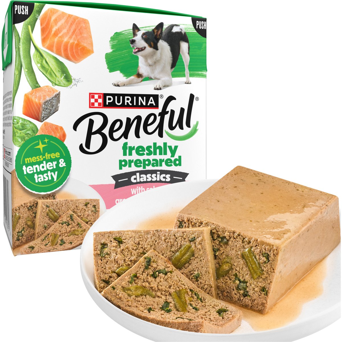 Purina Beneful Freshly Prepared High Protein Classics with Salmon, Green Beans & Spinach Chunks in Gravy Wet Dog Food, 9.5-oz carton, 6 count