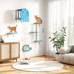 Coziwow Wall Mounted Floating Wood Scratching Post Cat Wall Shelves & Perches, Ocean Blue, Set of 5