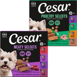 Cesar Classic Loaf in Sauce Beef Recipe, Filet Mignon, Grilled Chicken, & Porterhouse Steak Flavors Variety Pack + Poultry Variety Pack Small Breed Wet Dog Food