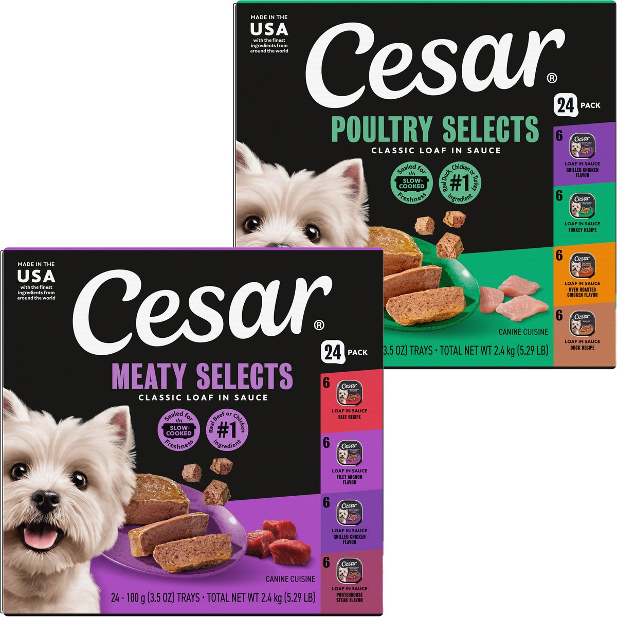 Cesar Classic Loaf in Sauce Beef Recipe, Filet Mignon, Grilled Chicken, & Porterhouse Steak Flavors Variety Pack + Poultry Variety Pack Small Breed Wet Dog Food