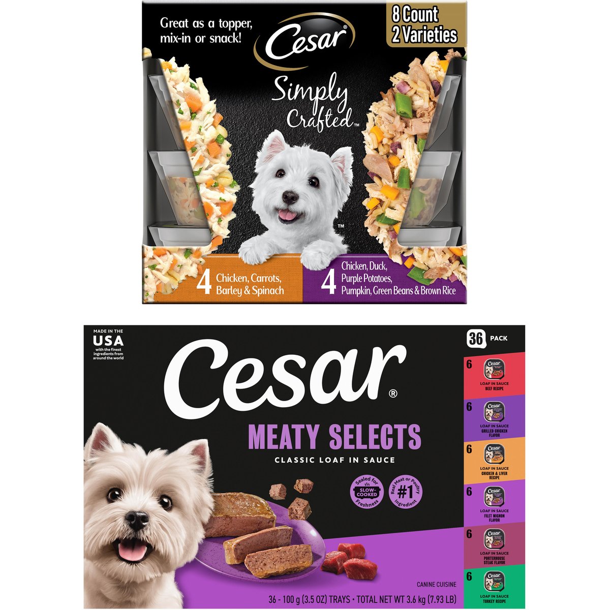 Cesar Classic Loaf in Sauce Adult Variety Pack Wet Food + Simply Crafted Variety Pack Adult Wet Dog Food Meal Topper