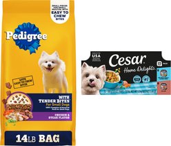 Cesar Home Delights Slow Cooked Chicken & Vegetables & Beef Stew Variety Pack Food Trays + Pedigree Tender Bites Complete Nutrition Chicken & Steak Flavor Dry Dog Food
