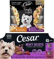 Cesar Classic Loaf in Sauce Filet Mignon & Porterhouse Steak Flavors Variety Pack Wet Food + Simply Crafted Variety Pack Wet Dog Food Meal Topper