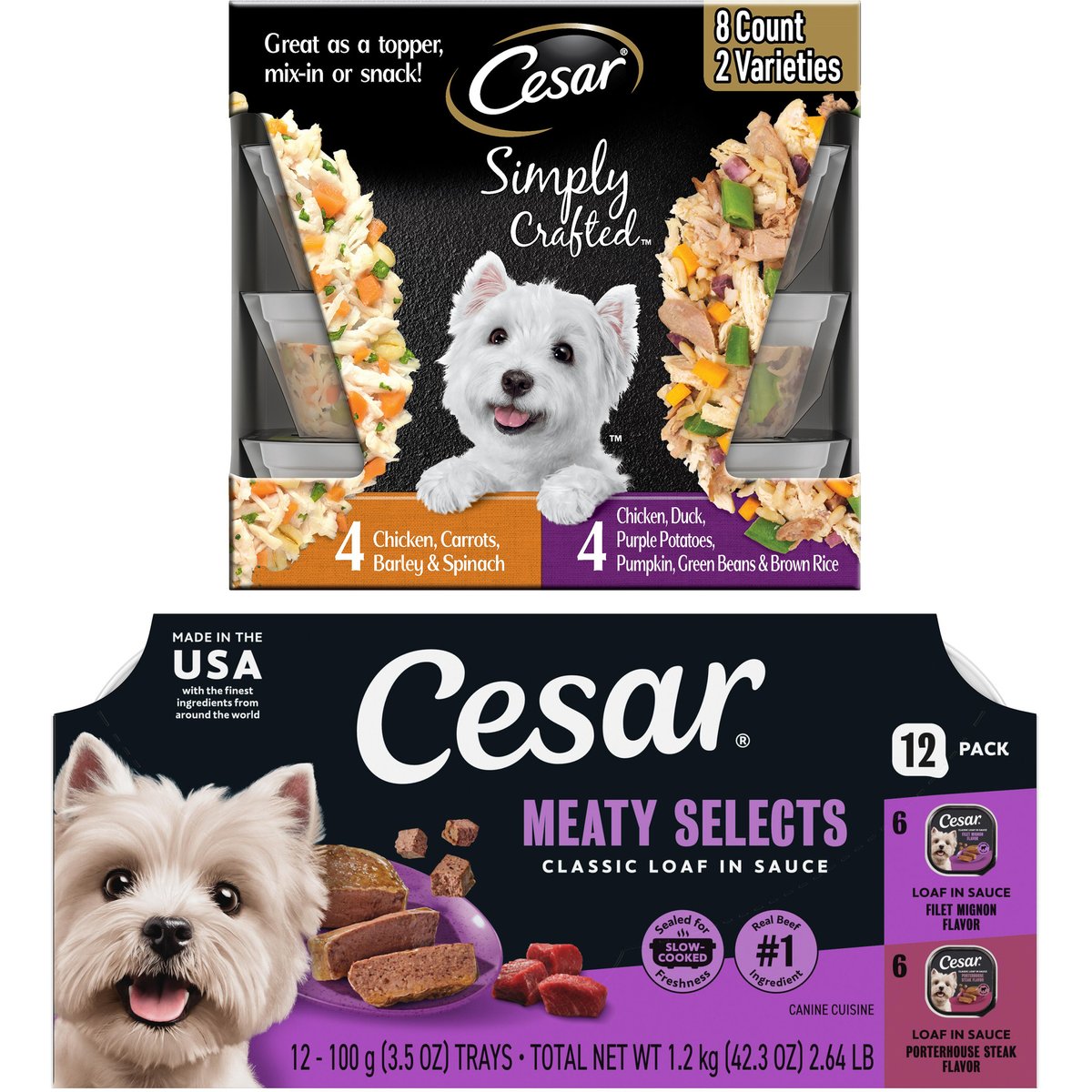 Cesar Classic Loaf in Sauce Filet Mignon & Porterhouse Steak Flavors Variety Pack Wet Food + Simply Crafted Variety Pack Wet Dog Food Meal Topper