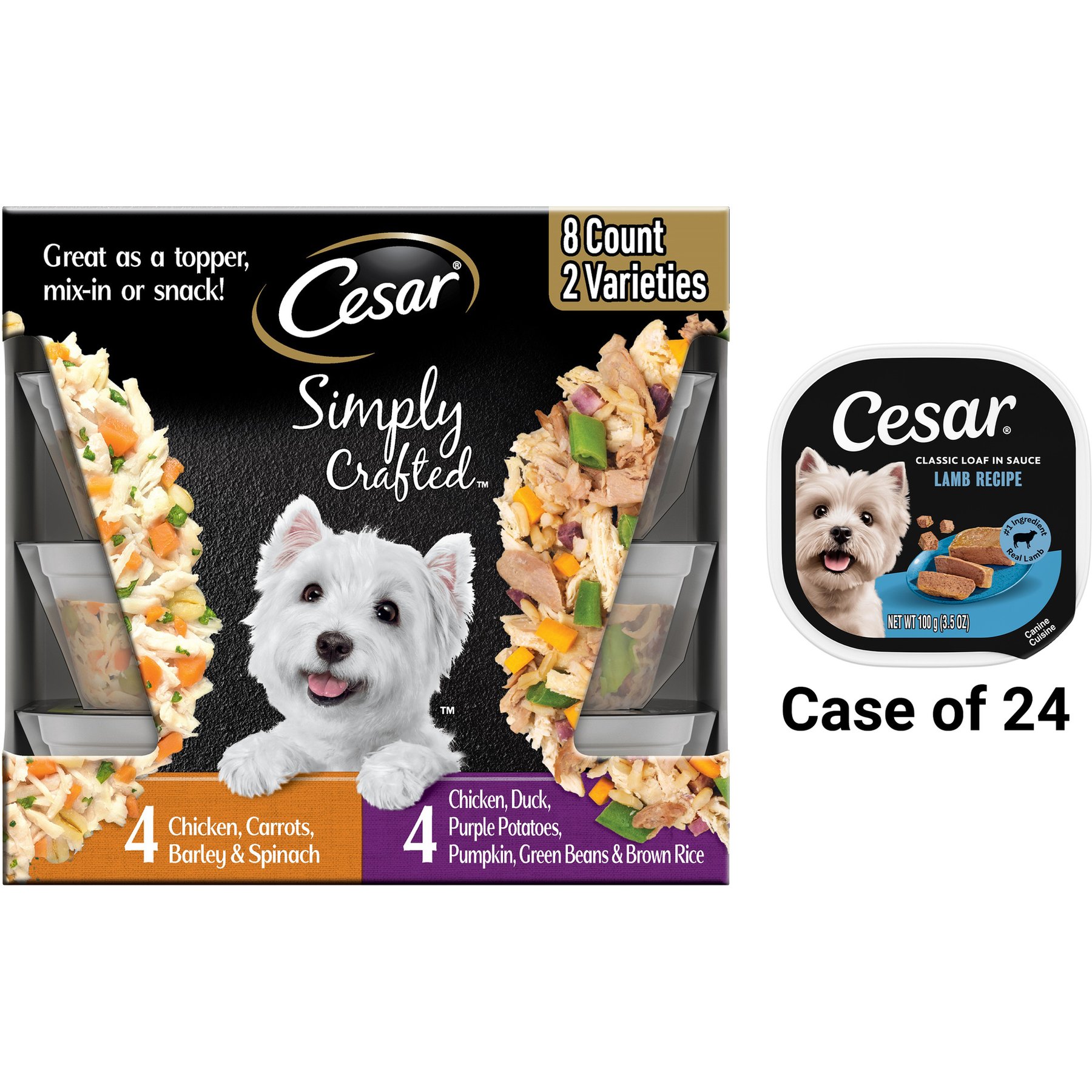 Cesar Classic Loaf in Sauce Lamb Recipe Wet Food + Simply Crafted Variety Pack Wet Dog Food Meal Topper