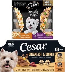 Cesar Classic Loaf in Sauce Breakfast & Dinner Mealtime Variety Pack Wet Dog Food + Simply Crafted Variety Pack Wet Dog Food Meal Topper