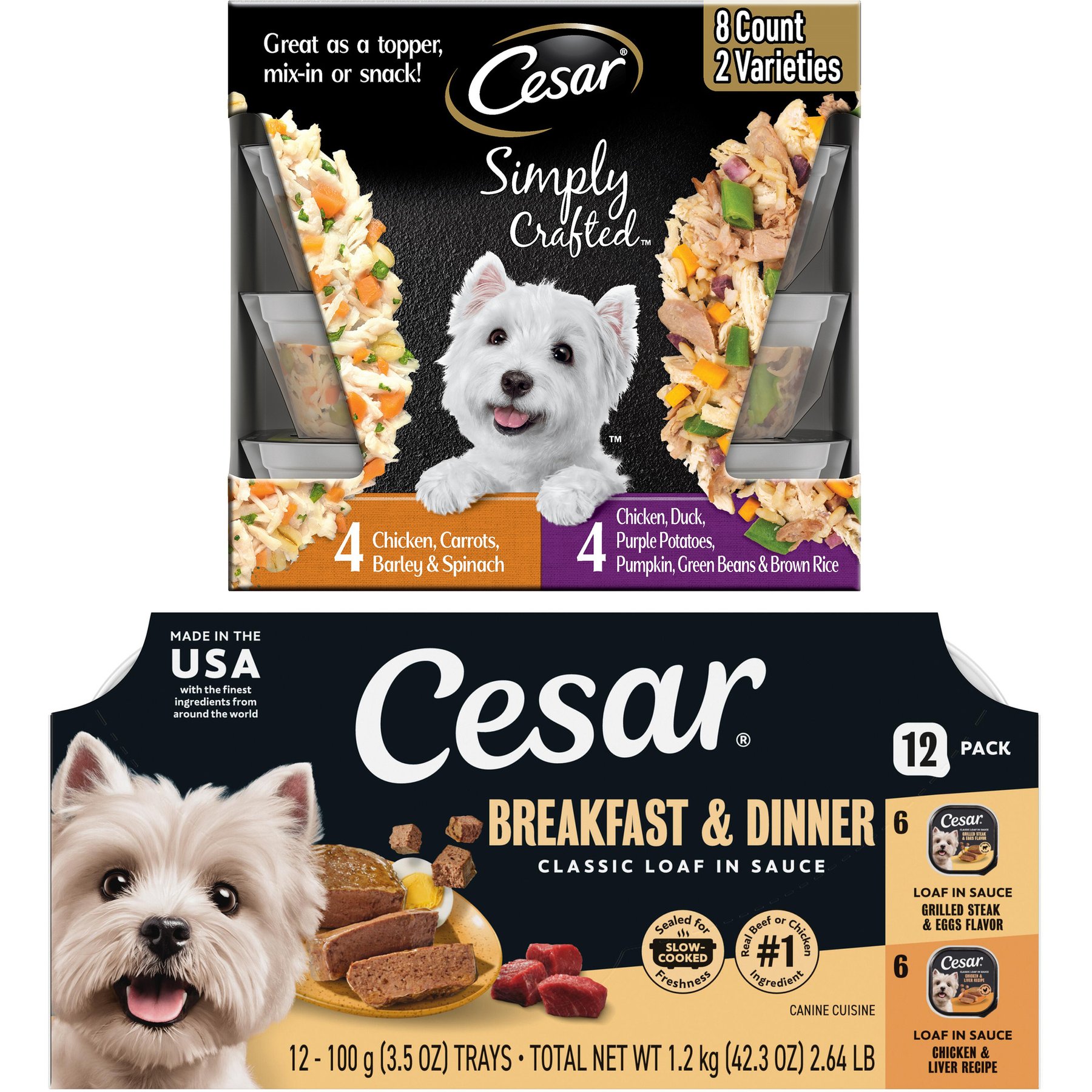 Cesar Classic Loaf in Sauce Breakfast & Dinner Mealtime Variety Pack Wet Dog Food + Simply Crafted Variety Pack Wet Dog Food Meal Topper