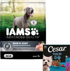 Bundle: Iams Advanced Health Skin & Coat Chicken & Salmon Recipe Dry Food + Cesar Filets in Gravy Beef ...
