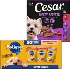 Pedigree Chopped Ground Dinner Variety Pack Wet Food + Cesar Classic Loaf in Sauce Beef Recipe, Filet Mignon, Grilled Chicken, & Porterhouse Steak Flavors Variety Pack Dog Food