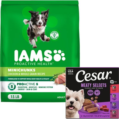Iams Iams MiniChunks Small Kibble High Protein Dry Food + Cesar Classic Loaf in Sauce Beef Recipe, Filet Mignon, Grilled Chicken, & Porterhouse Steak Flavors Variety Pack Dog Food