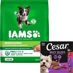 Bundle: Iams MiniChunks Small Kibble High Protein Dry Food + Cesar Classic Loaf in Sauce Beef Recipe, F...