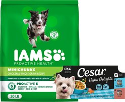 Cesar Home Delights Slow Cooked Chicken & Vegetables & Beef Stew Variety Pack Food Trays + Iams MiniChunks Small Kibble Dry Dog Food