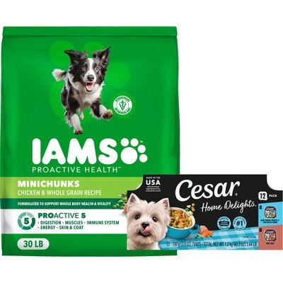 Cesar Cesar Home Delights Slow Cooked Chicken & Vegetables & Beef Stew Variety Pack Food Trays + Iams MiniChunks Small Kibble Dry Dog Food