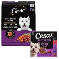 Cesar Classic Loaf in Sauce Beef Recipe, Filet Mignon, Grilled Chicken, & Porterhouse Steak Flavors Variety Pack Food Trays + Filet Mignon Flavor & Spring Vegetables Garnish Dry Dog Food