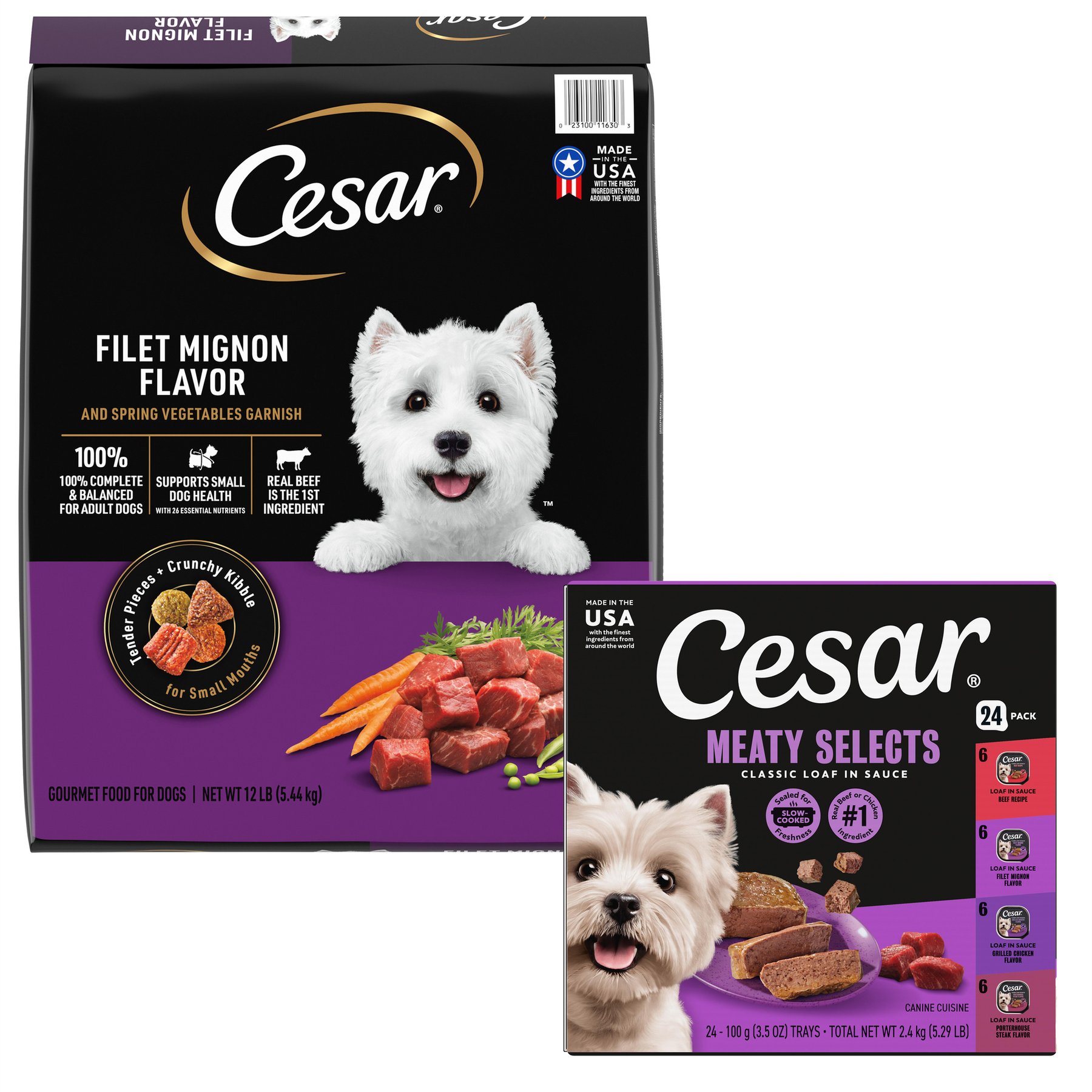 Cesar Classic Loaf in Sauce Beef Recipe, Filet Mignon, Grilled Chicken, & Porterhouse Steak Flavors Variety Pack Food Trays + Filet Mignon Flavor & Spring Vegetables Garnish Dry Dog Food
