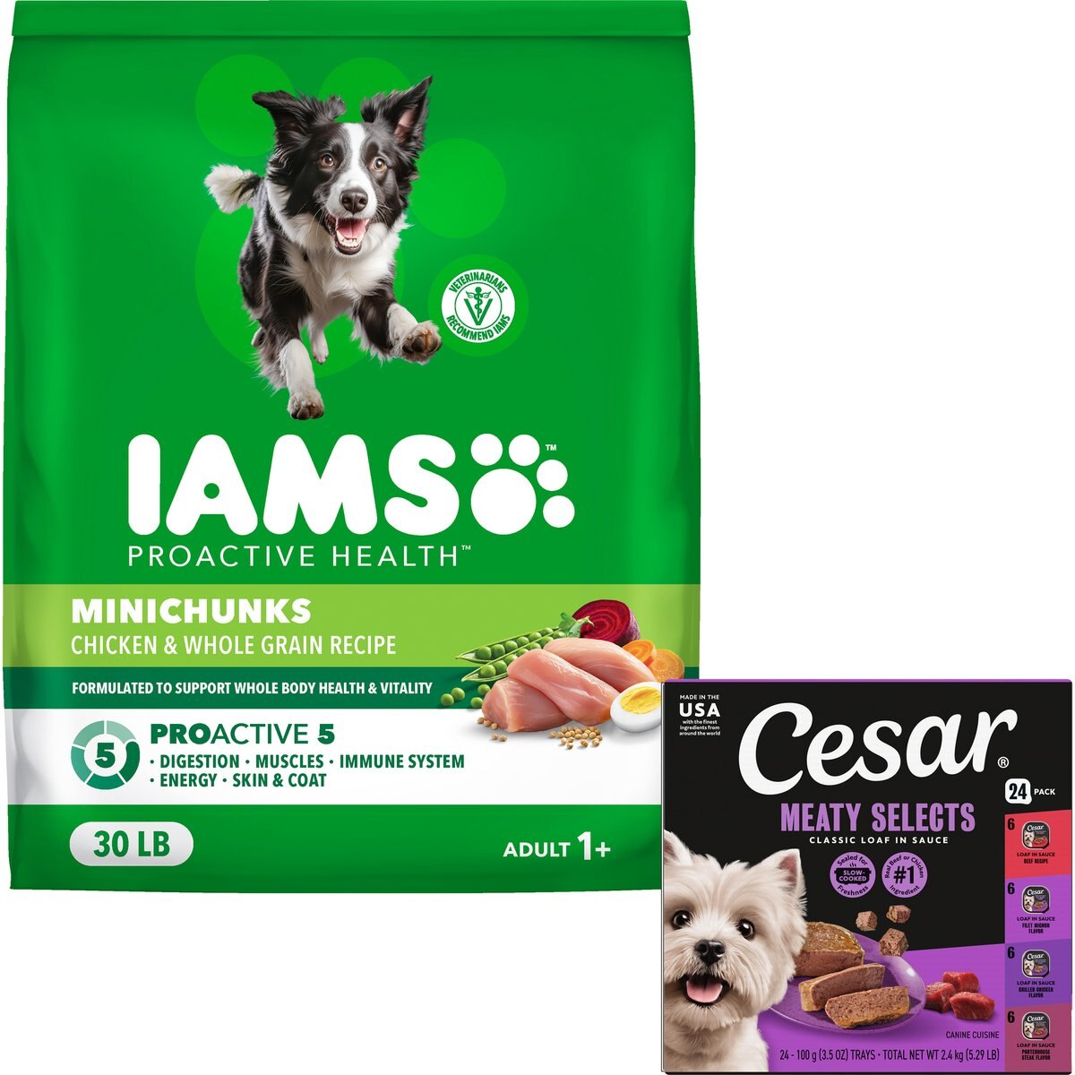 Cesar Classic Loaf in Sauce Beef Recipe, Filet Mignon, Grilled Chicken, & Porterhouse Steak Flavors Variety Pack Food Trays + Iams MiniChunks Small Kibble Dry Dog Food