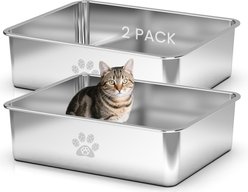 Ptlom High Sided Stainless Steel Cat Litter Box, 2 count, X-Large: 23.6 x 15.7 x 8-in