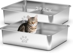 Ptlom High Sided Stainless Steel Cat Litter Box, 2 count, Large: 23.6 x 15.7 x 6-in
