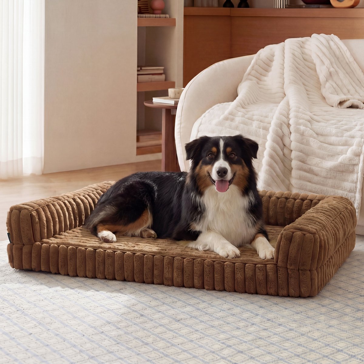 Bedsure ComfyFleece Orthopedic Waterproof Dog Sofa Bed with Corduroy Removable Cover, Brown, X-Large