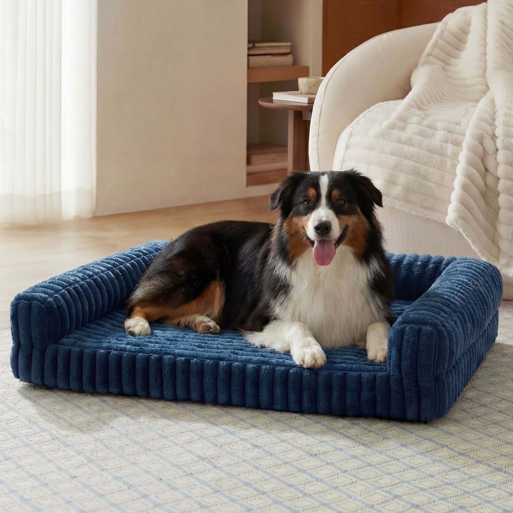 Bedsure ComfyFleece Orthopedic Waterproof Dog Sofa Bed with Corduroy Removable Cover, Blue, X-Large