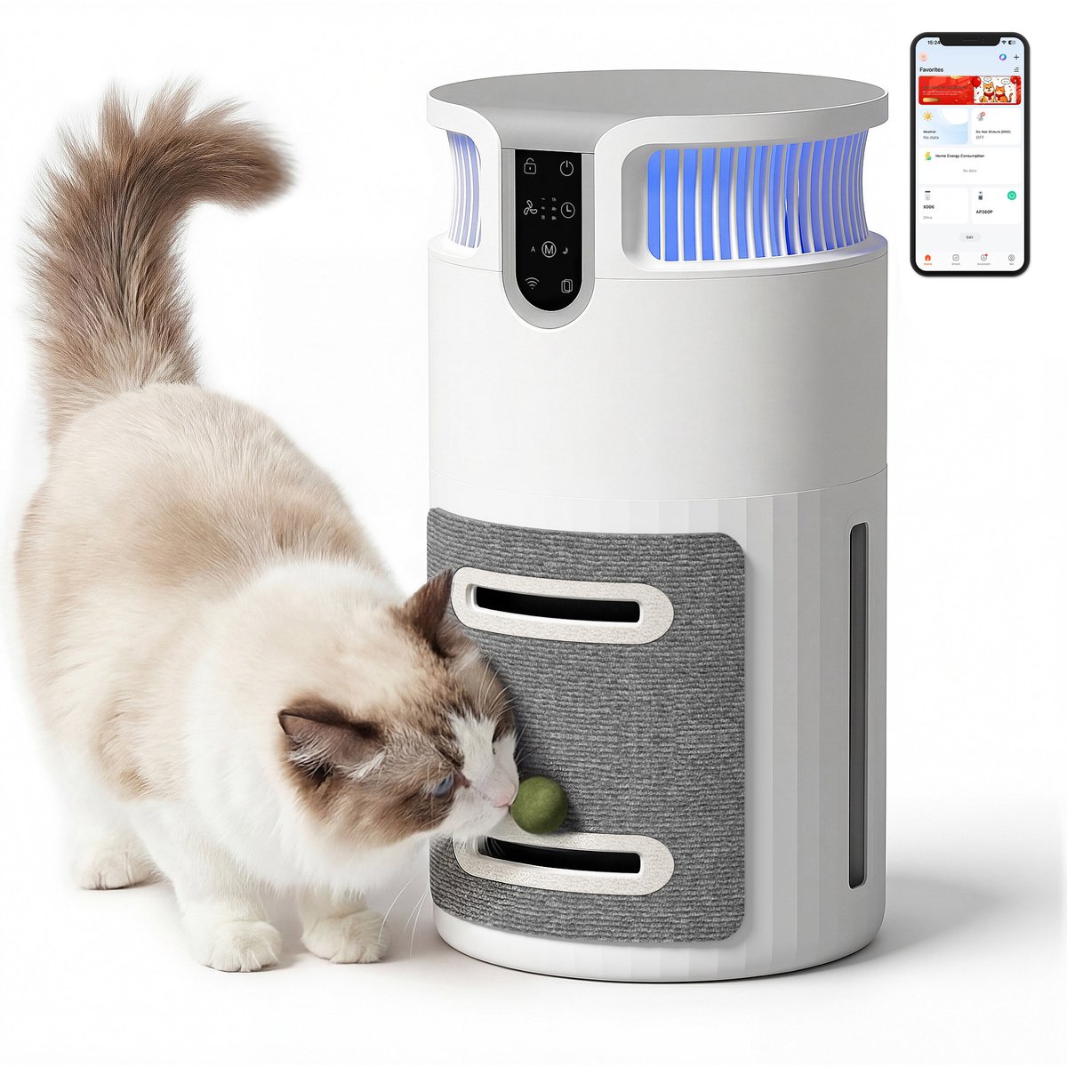 Alifuraha HEPA Filter 300 Sqft Coverage Smart App Control Cat Air Purifier with Scratcher & Catnip Ball, White