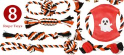 Pacific Pups Rescue Hallowen Frisbee Variety Pack Rope Tug Dog Toy, Black/Orange/White, Small/Medium, 8 count