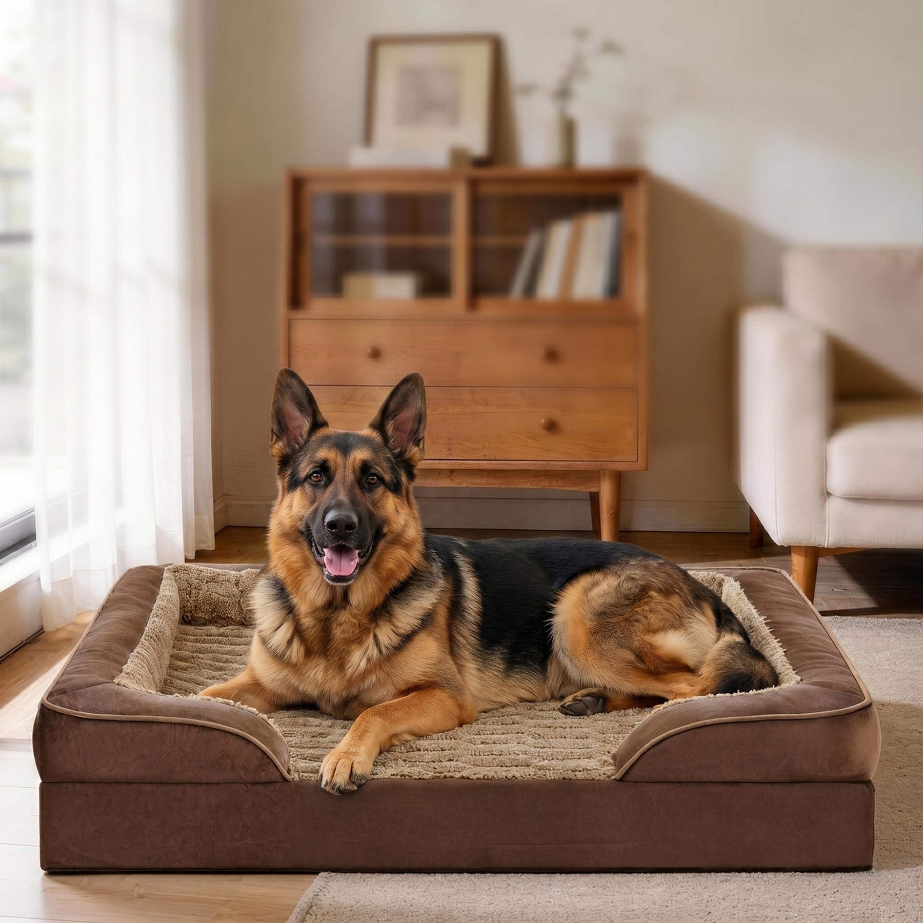 MIXJOY C-Shaped Orthopedic Memory Foam Bolster Dog Bed with Anti-Slip Bottom, Brown, XX-Large