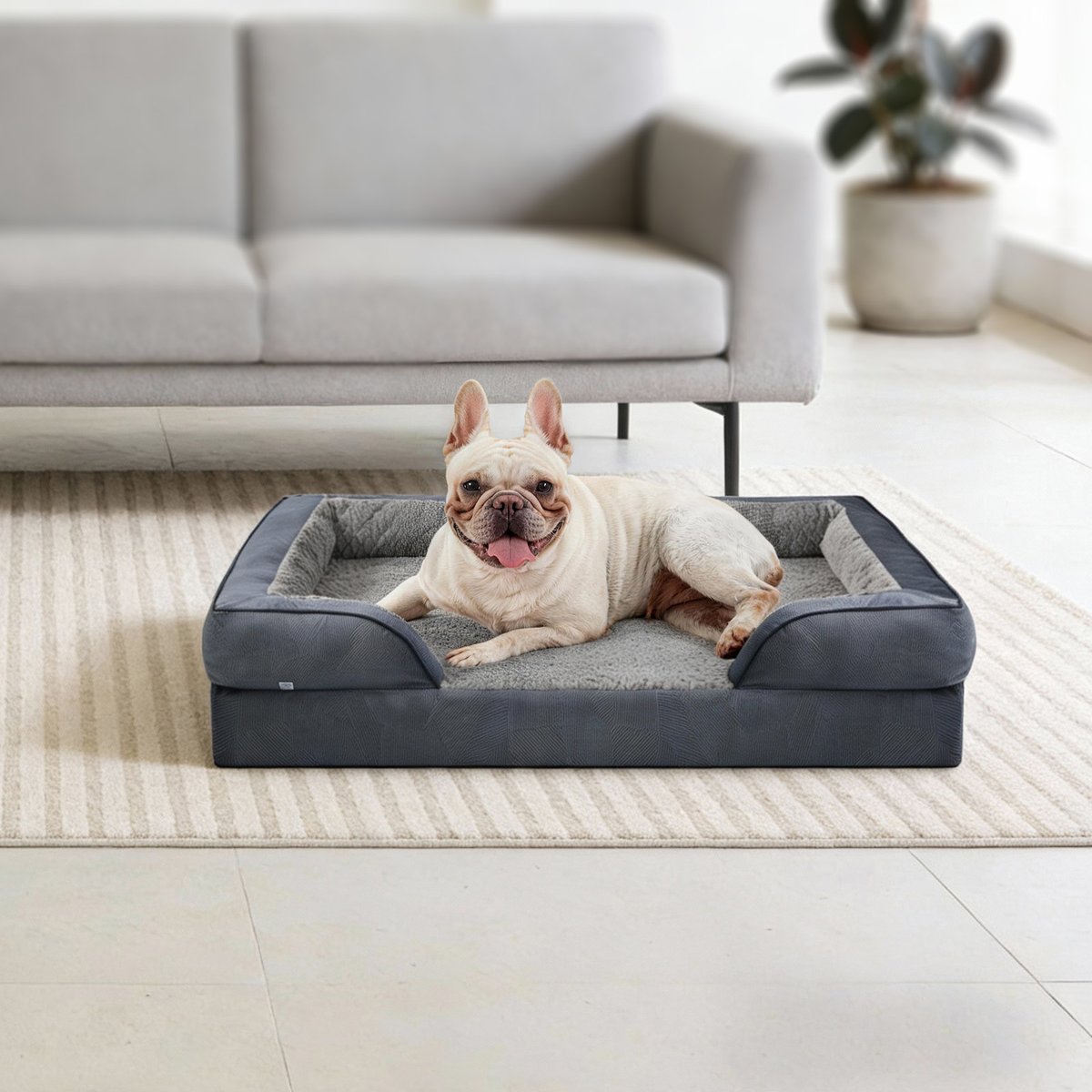 MIXJOY Orthopedic C-Shaped Luxurious Fish Scale Pattern Anti-Slip Bottom Memory Foam Bolster Dog Bed, Dark Grey, Medium
