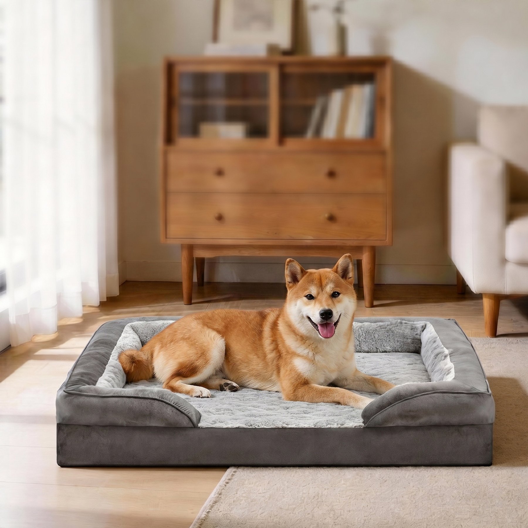 MIXJOY C-Shaped Orthopedic Memory Foam Bolster Dog Bed with Anti-Slip Bottom, Grey, Large