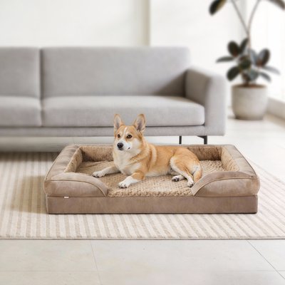 MIXJOY Orthopedic C-Shaped Luxurious Fish Scale Pattern Anti-Slip Bottom Memory Foam Bolster Dog Bed, Brown, Medium