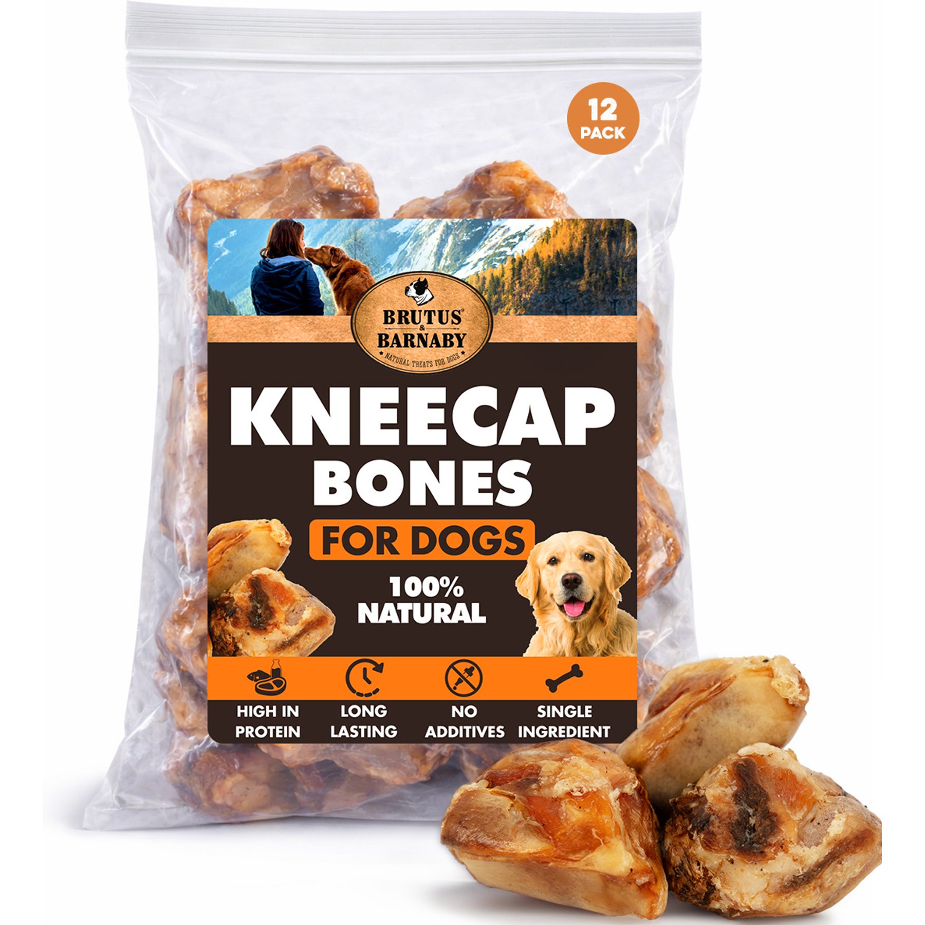 Brutus & Barnaby Long Lasting Kneecap 3 to 4-in High Protein Beef Dog Bones, 12 count