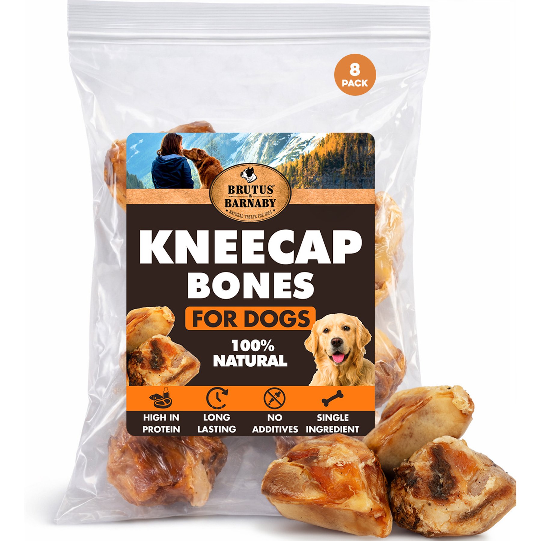 Brutus & Barnaby Long Lasting Kneecap 3 to 4-in High Protein Beef Dog Bones, 8 count
