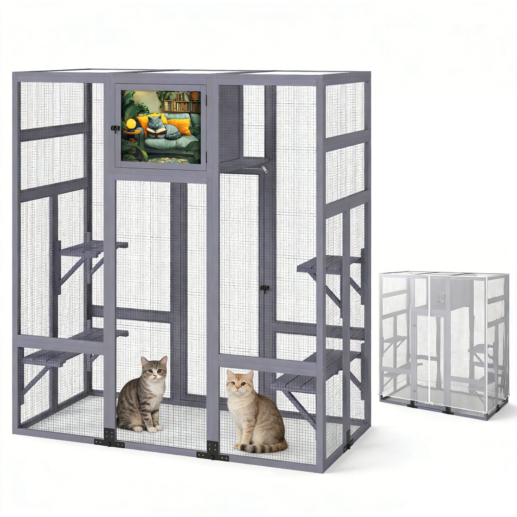 Coziwow Catio Wooden Covered Outdoor Cat Exercise Pen, Gray, Large