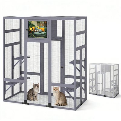 Coziwow Coziwow Catio Wooden Covered Outdoor Cat Exercise Pen, Gray, Large