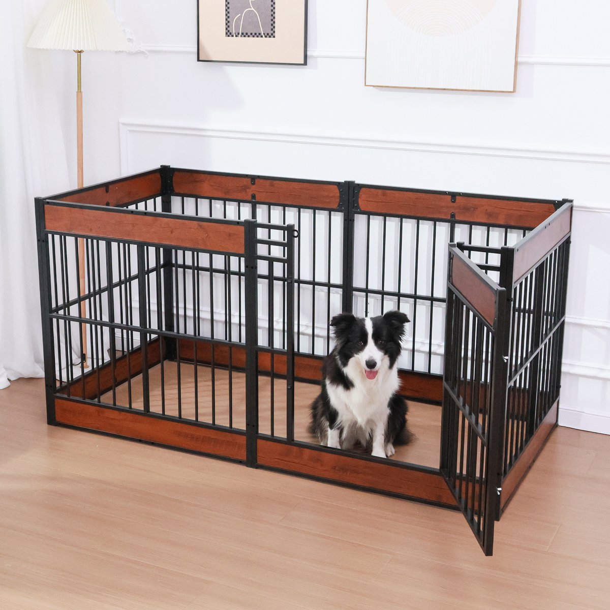 RYPetmia 6-Panel Indoor & Outdoor Foldable Heavy Duty Personalized Coated Metal Dog & Cat Exercise Pen, Mahogany, Large: 35.4-in