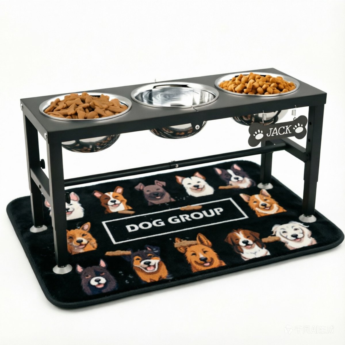 ADENGL Non-Skid 3-Adjustable Height Elevated Metal Dog Bowl, Black, 7-cup each, 3 count