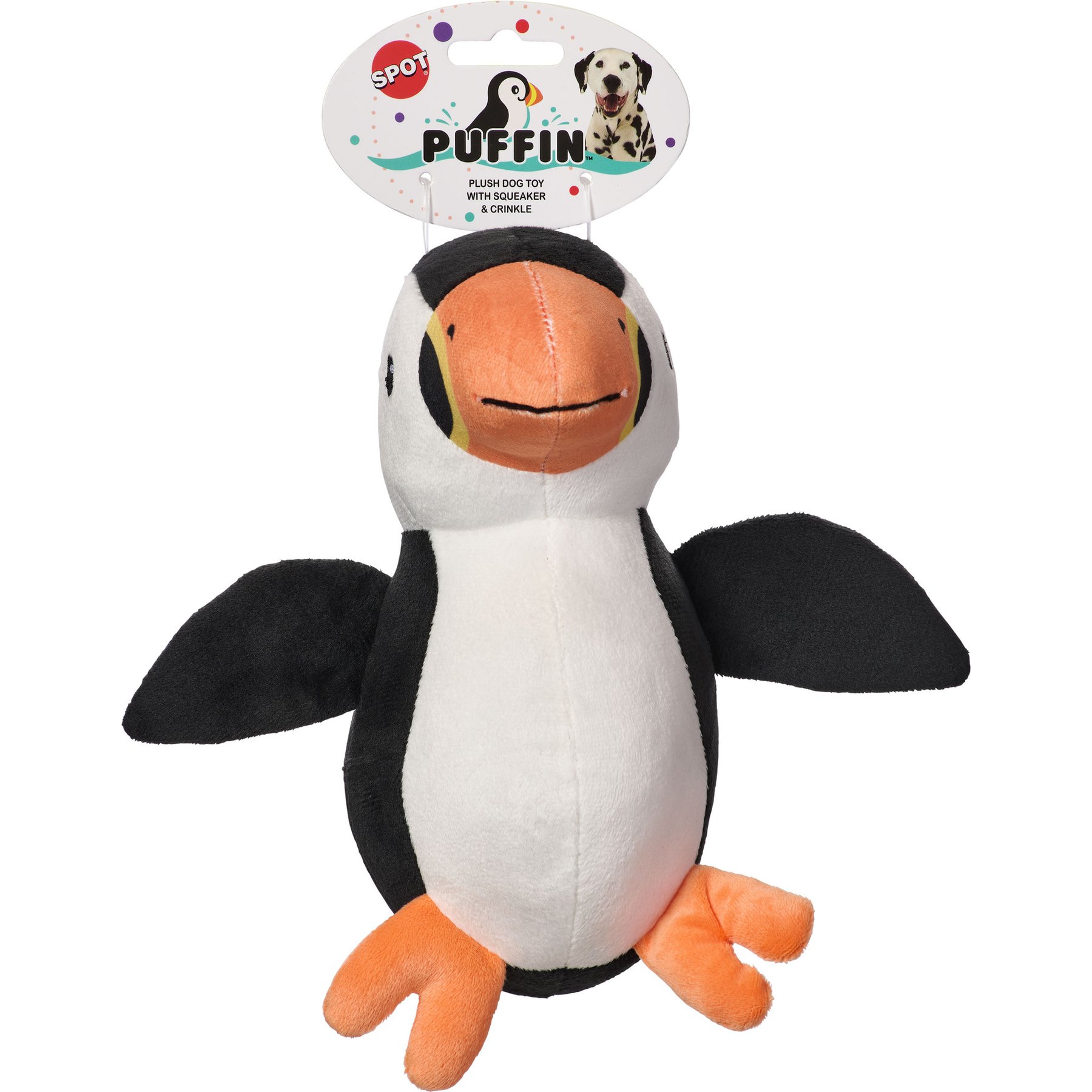 Spot Puffins Plush Dog Toy, Black/White/Orange/Yellow, 9-in