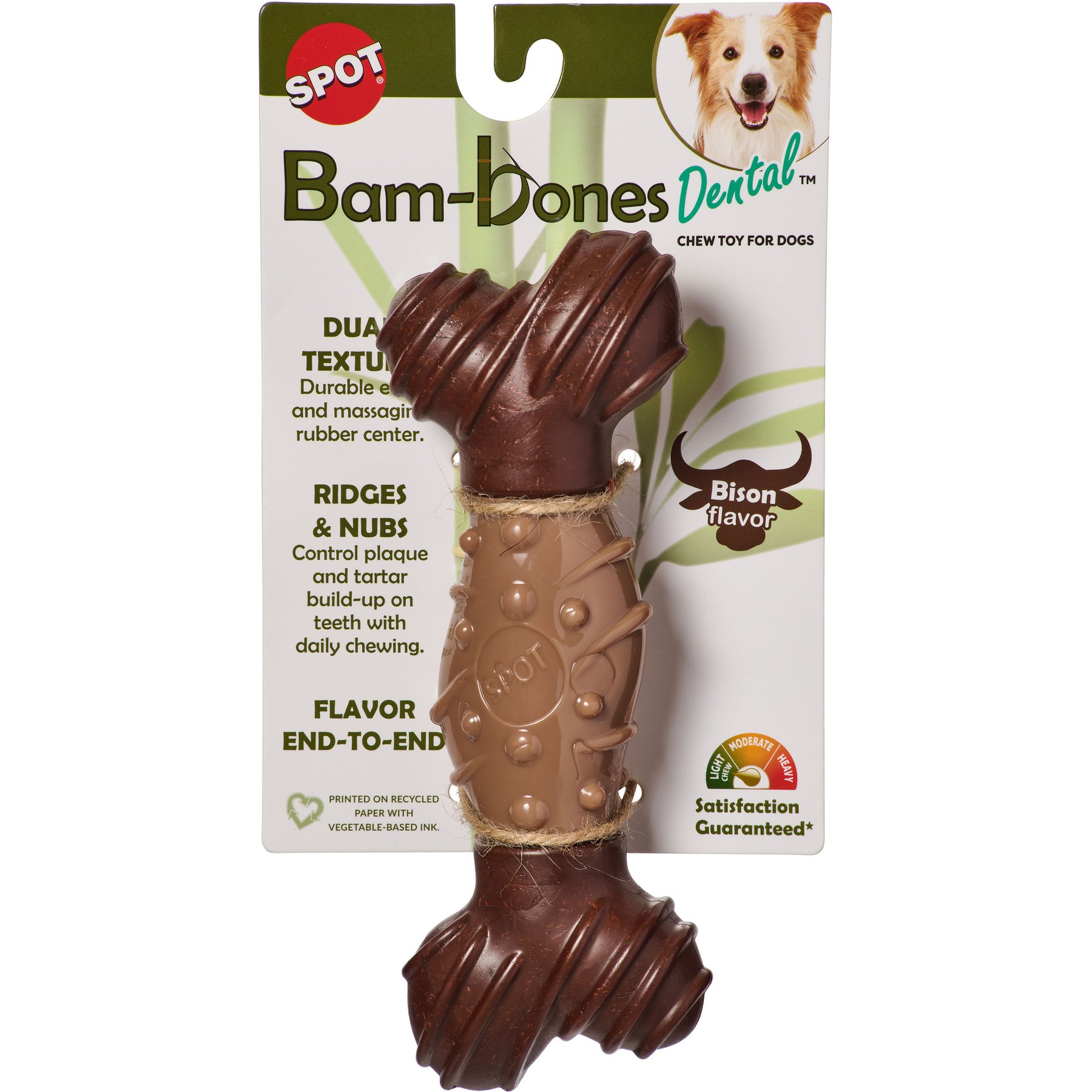 Spot Bambone Dental Bone Bison Dog Toy, Tank/Brown, 7-in