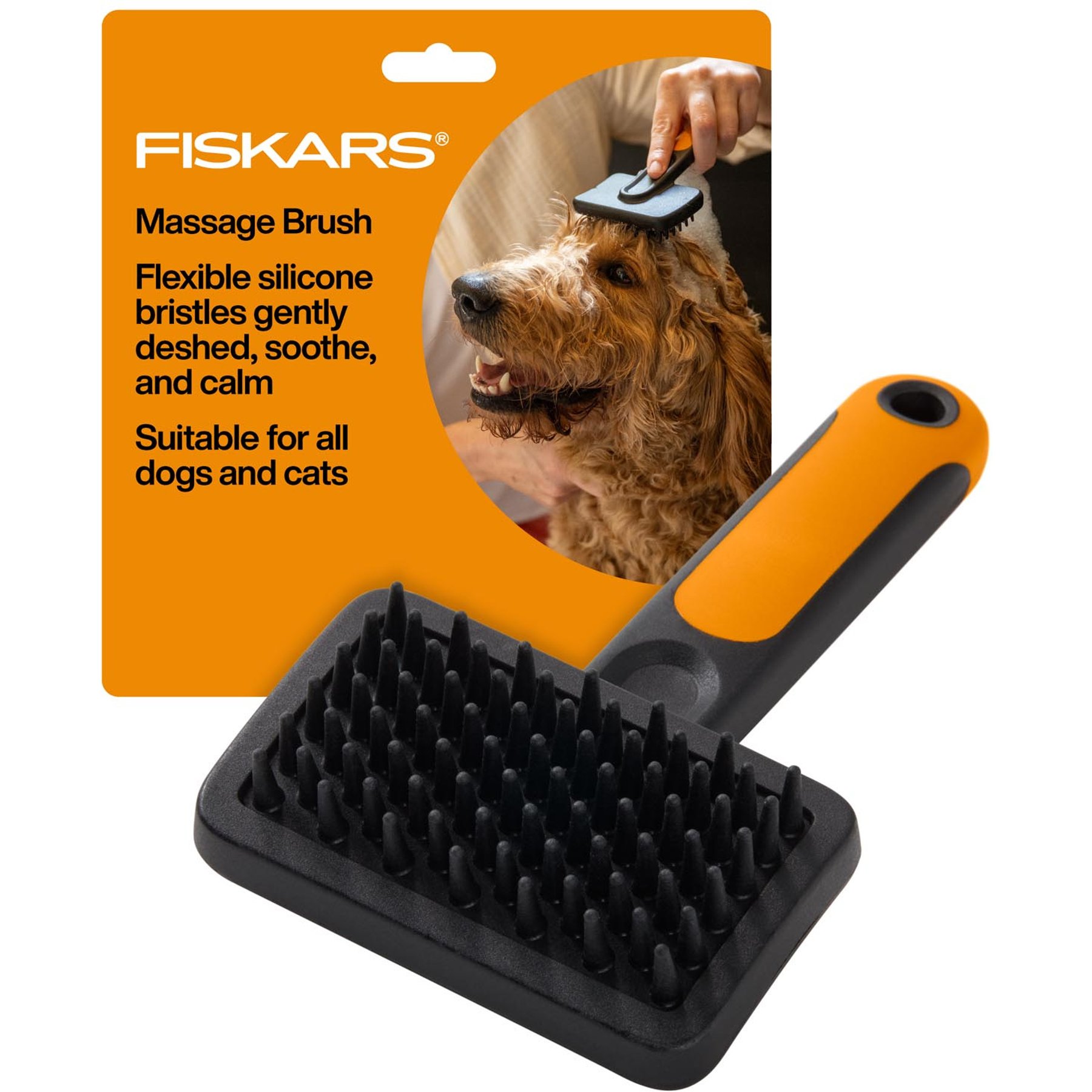 Fiskars Pet Massage Brush, Orange/Black, 6.5-in