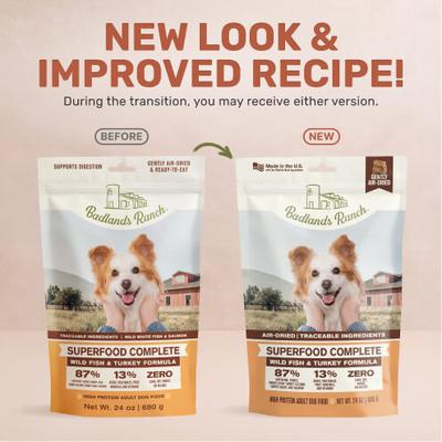 Show full view: Badlands Ranch Superfood Complete Grain-Free Wild Fish & Turkey Air-Dried Dog Food, 24-oz bag slide 3 of 7