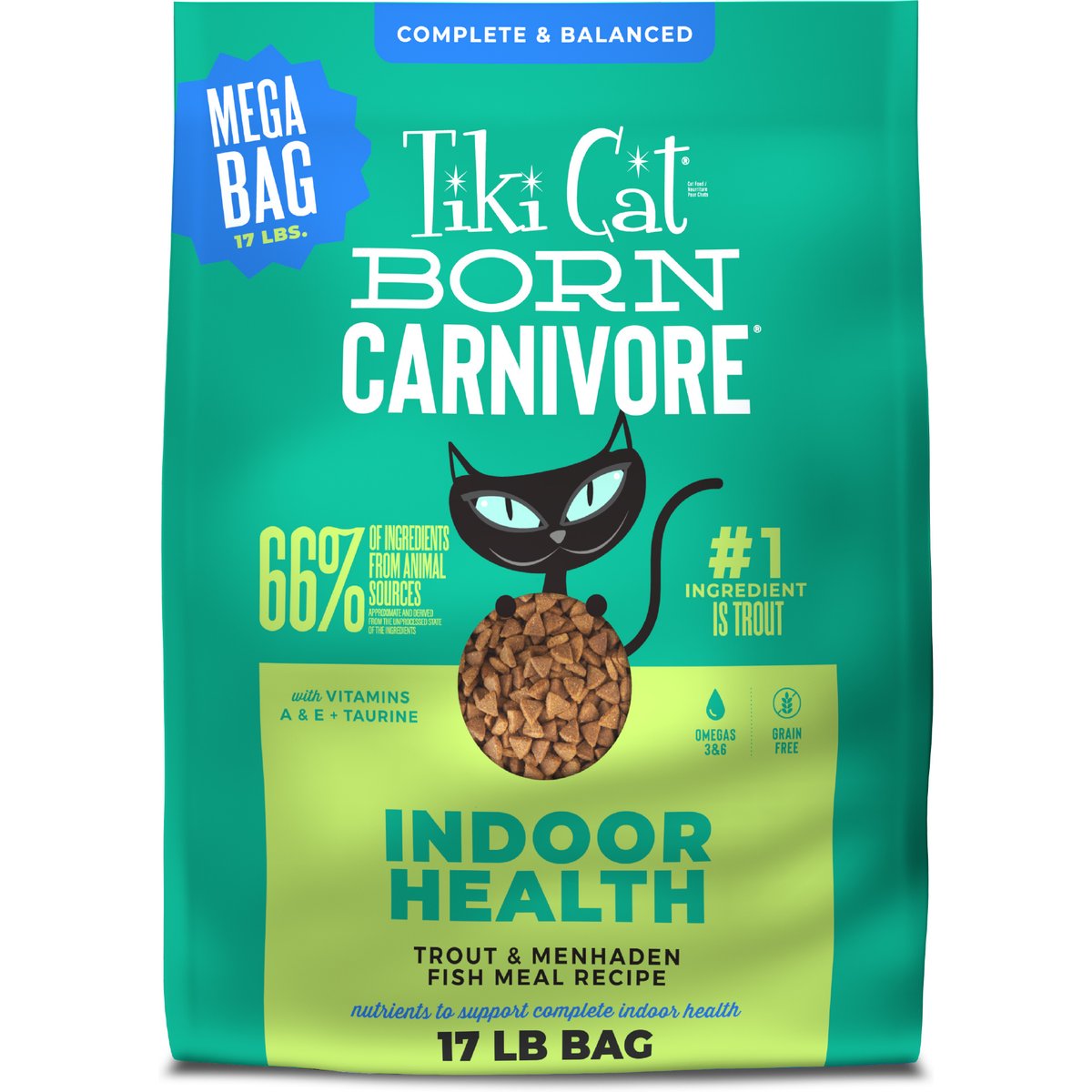 Tiki Cat Born Carnivore Indoor Health Trout & Menhaden Fish Meal Dry Cat Food, 17-lb bag