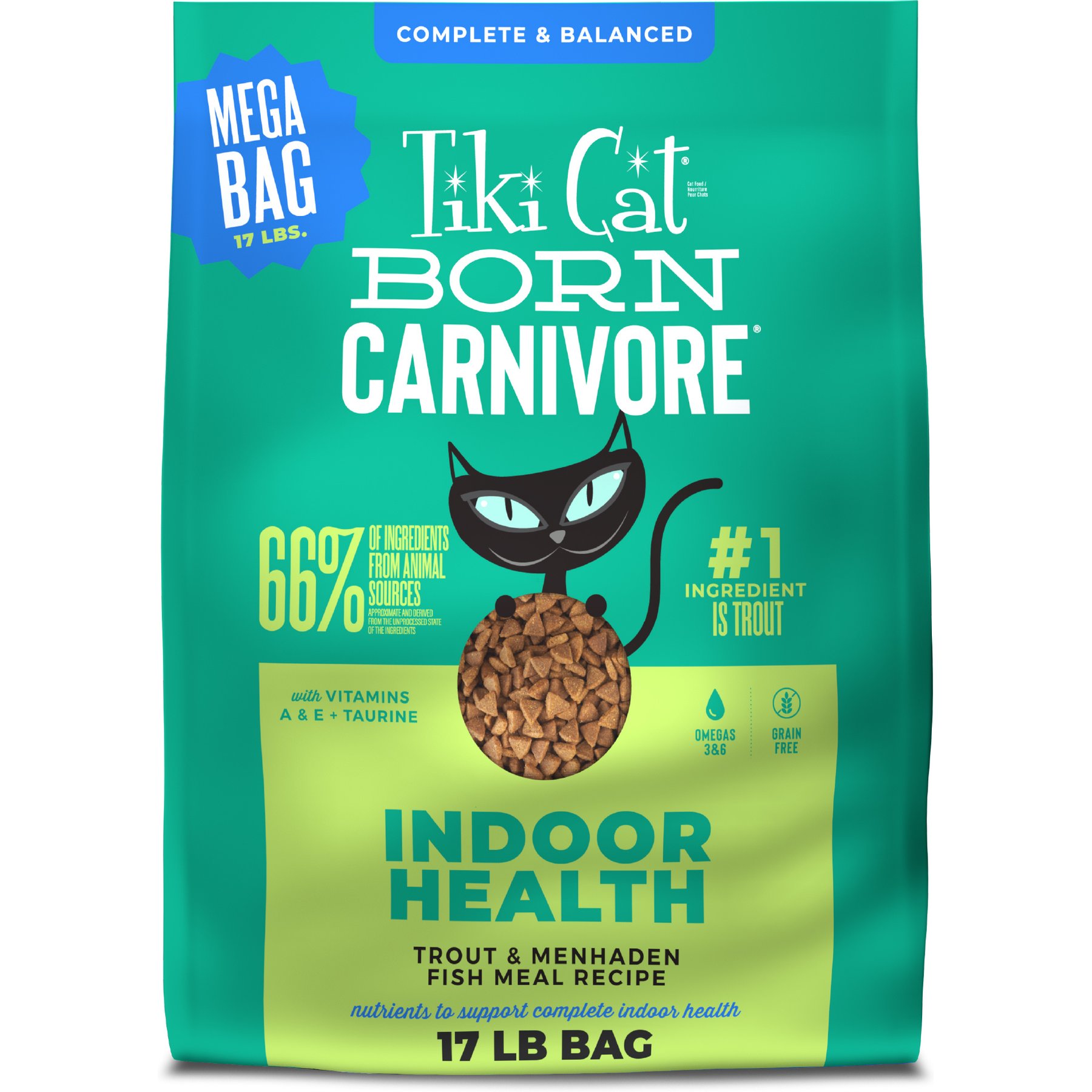 Tiki Cat Born Carnivore Indoor Health Trout & Menhaden Fish Meal Dry Cat Food, 17-lb bag