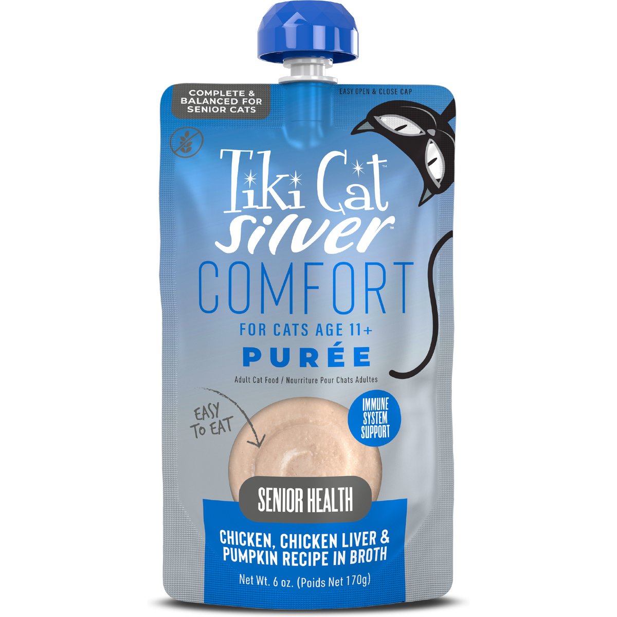 Tiki Cat Silver Chicken & Chicken Liver Comfort Puree Wet Cat Food, 6-oz spout pouch, case of 6