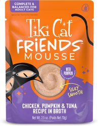 Tiki Cat Friends Mousse Chicken, Pumpkin & Tuna Recipe in Broth Grain-Free Wet Cat Food, 2.5-oz pouch, case of 12