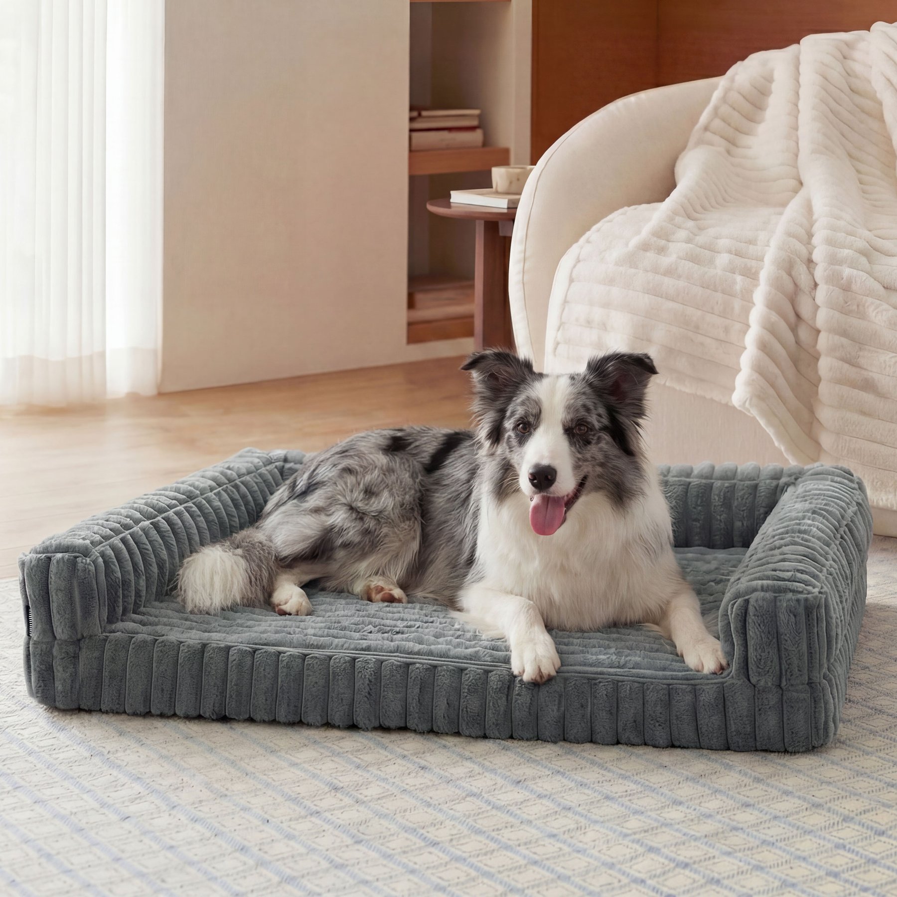 Bedsure ComfyFleece Orthopedic Waterproof Dog Sofa Bed with Corduroy Removable Cover, Grey, Large