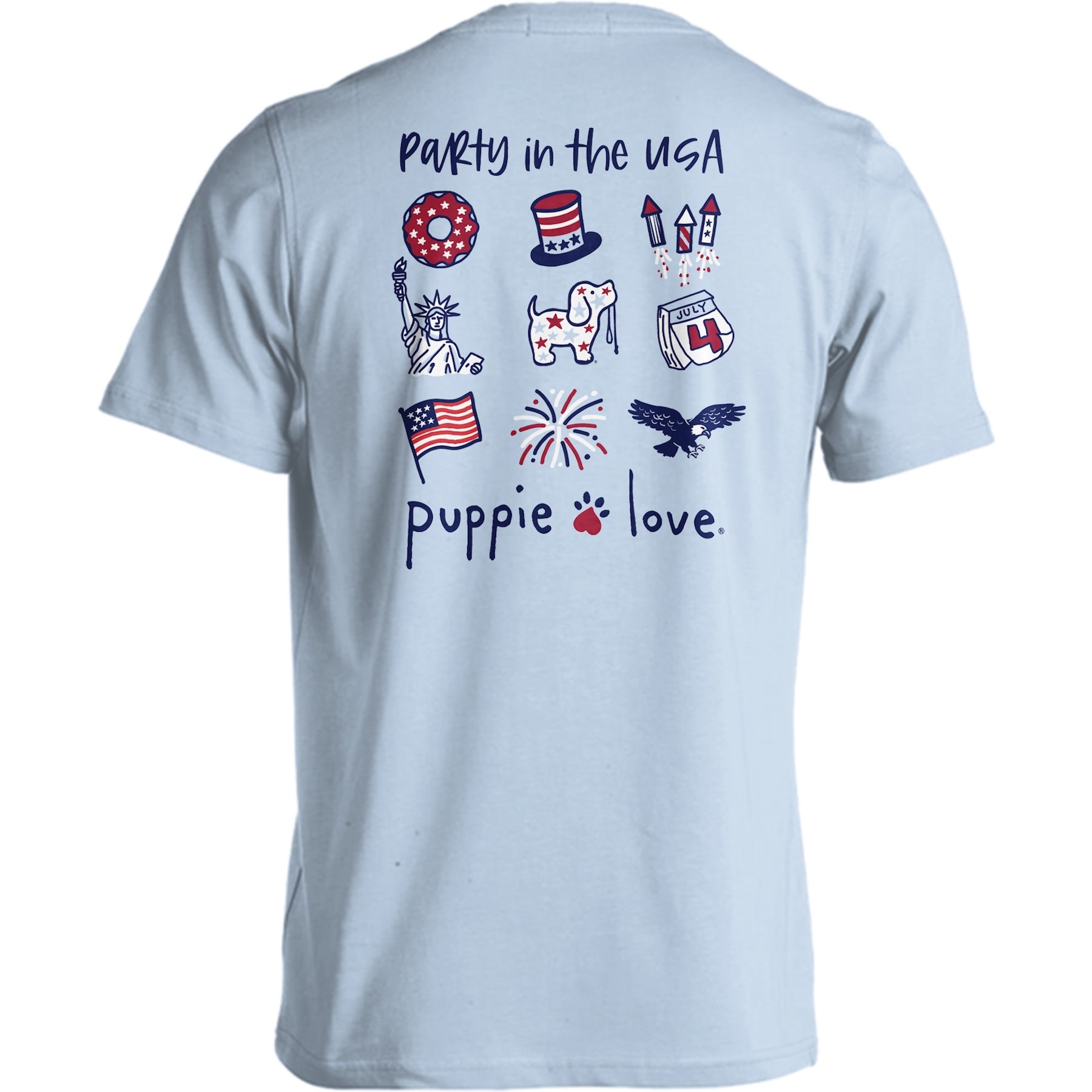 PUPPIE LOVE Party in the USA Adult Short Sleeve Tee, Light Blue, Medium