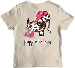 PUPPIE LOVE Cow Print Pup Youth Short Sleeve Tee, Natural, 2-4